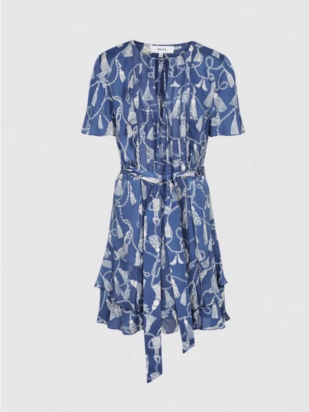 Reiss Navy Blue Tassel-Print Tie-Waist Ruffle Dress